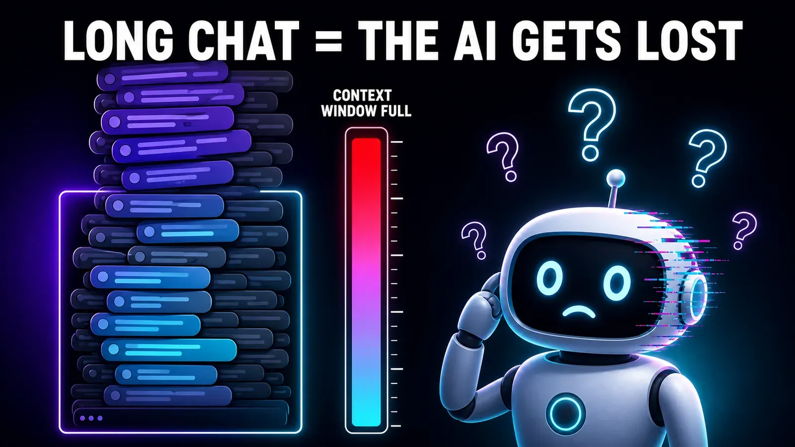 Infographic: a long conversation stacks up messages and overflows the context window, with the token bar full and a confused AI.