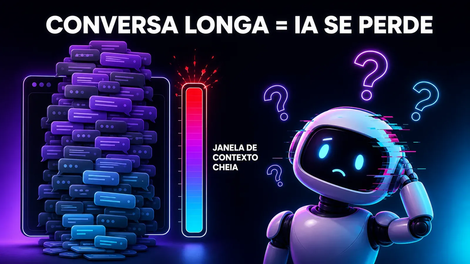 Infográfico: uma conversa longa empilha mensagens e transborda a janela de contexto, com a barra de tokens cheia e uma IA confusa.